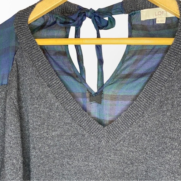 Ann Taylor LOFT Charcoal Gray Green‎ Plaid Tie Back Sweater Size XL - Picture 3 of 6